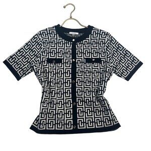 Sioni Button Cardigan Short Sleeve Black and White Geometric Print Ladies Size S